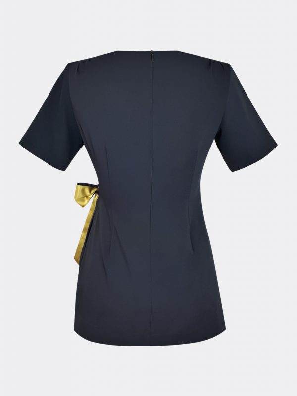 Asymmetric Pleat Navy Blouse with elegant bow