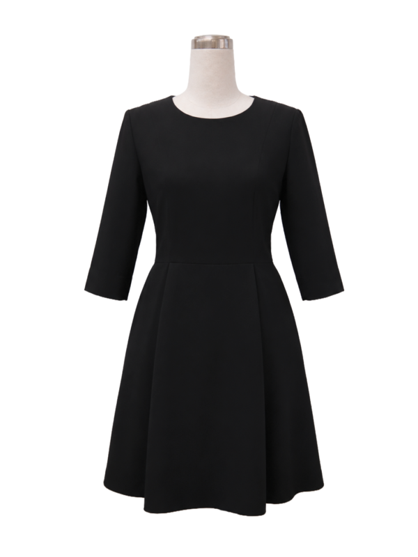 Classic black 3/4 sleeve corporate dress with a flared skirt for corporate and hospitality wear by Modoleen Singapore