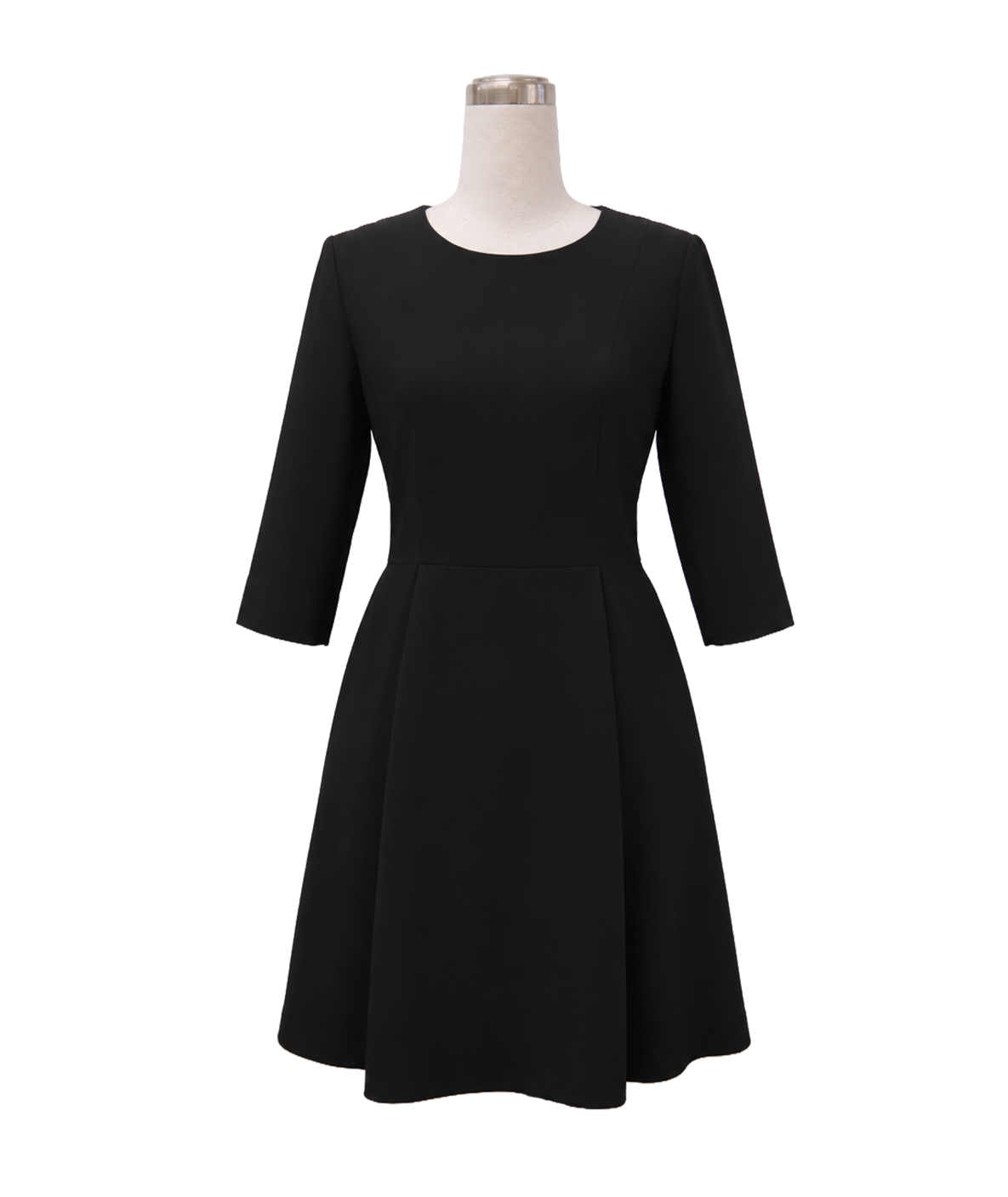 basic-black-3-4-sleeve-corporate-dress.webp Classic black 3/4 sleeve corporate dress with a flared skirt for corporate and hospitality wear by Modoleen Singapore