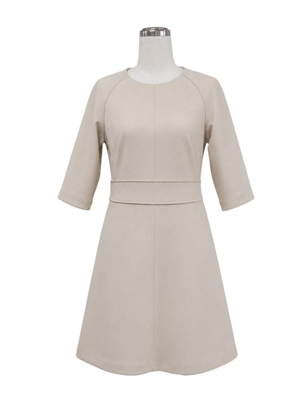 Beige 3/4 sleeve A-line corporate dress with a structured waistband for hotel reception wear by Modoleen Singapore