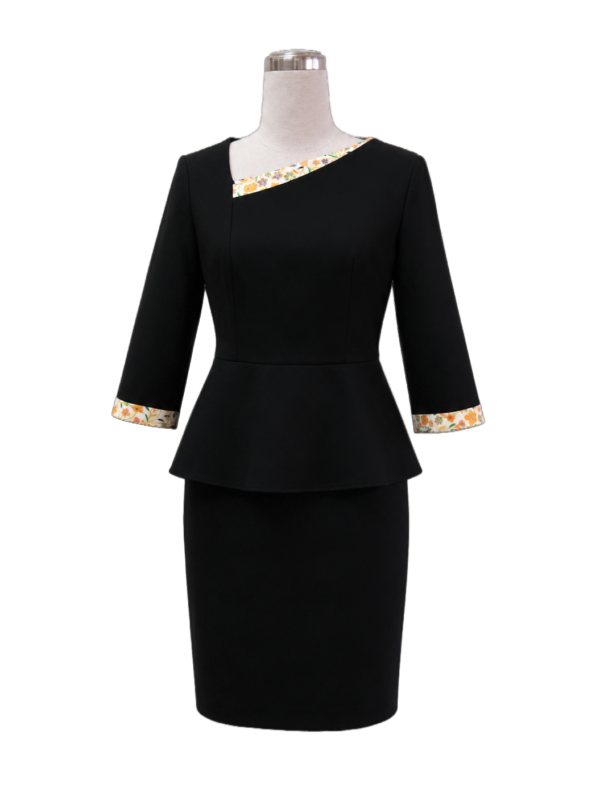 Black 3/4 sleeve peplum corporate uniform top with patterned neckline and cuff trim by Modoleen Singapore