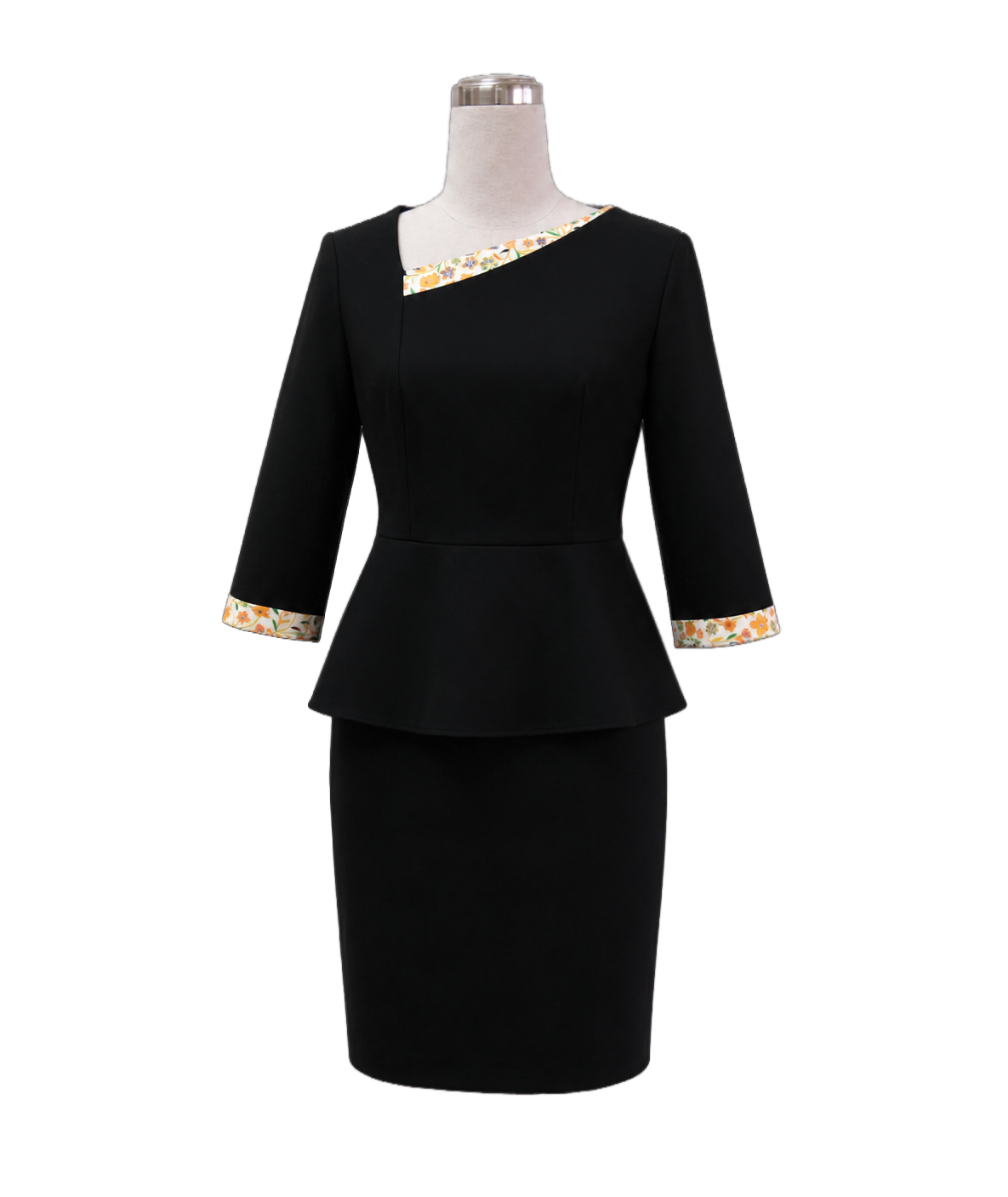 black-3-4-sleeve-peplum-top-pattern-trim.webp Black 3/4 sleeve peplum corporate uniform top with patterned neckline and cuff trim by Modoleen Singapore