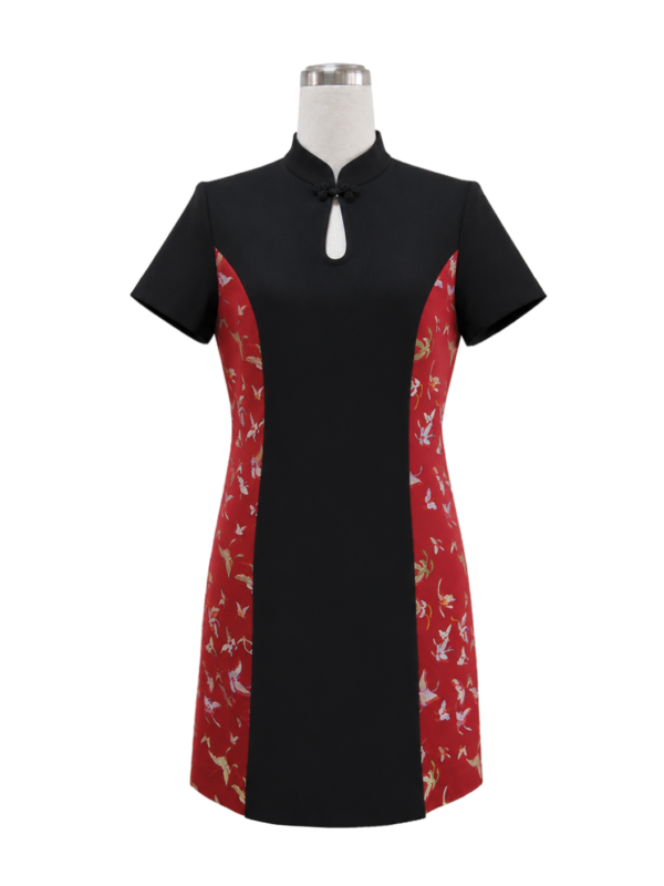 Black short-sleeve corporate uniform dress with red patterned side panels and cheongsam collar by Modoleen Singapore