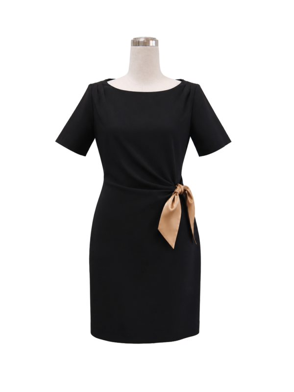 Elegant black short-sleeve corporate dress with an accent gold waist bow tie for premium staff uniforms by Modoleen Singapore