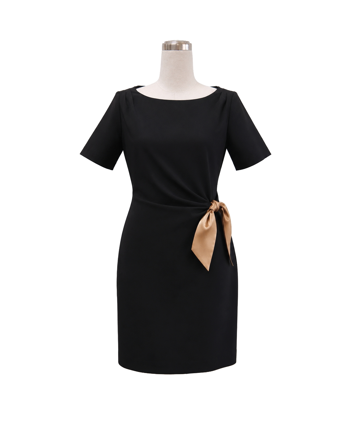 black-short-sleeve-gold-waist-bow-dress.webp Elegant black short-sleeve corporate dress with an accent gold waist bow tie for premium staff uniforms by Modoleen Singapore