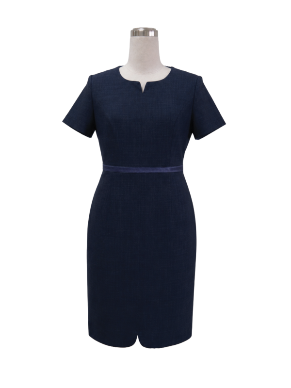 Dark navy short-sleeve sheath corporate dress with a notched neckline and waist band for corporate wear by Modoleen Singapore