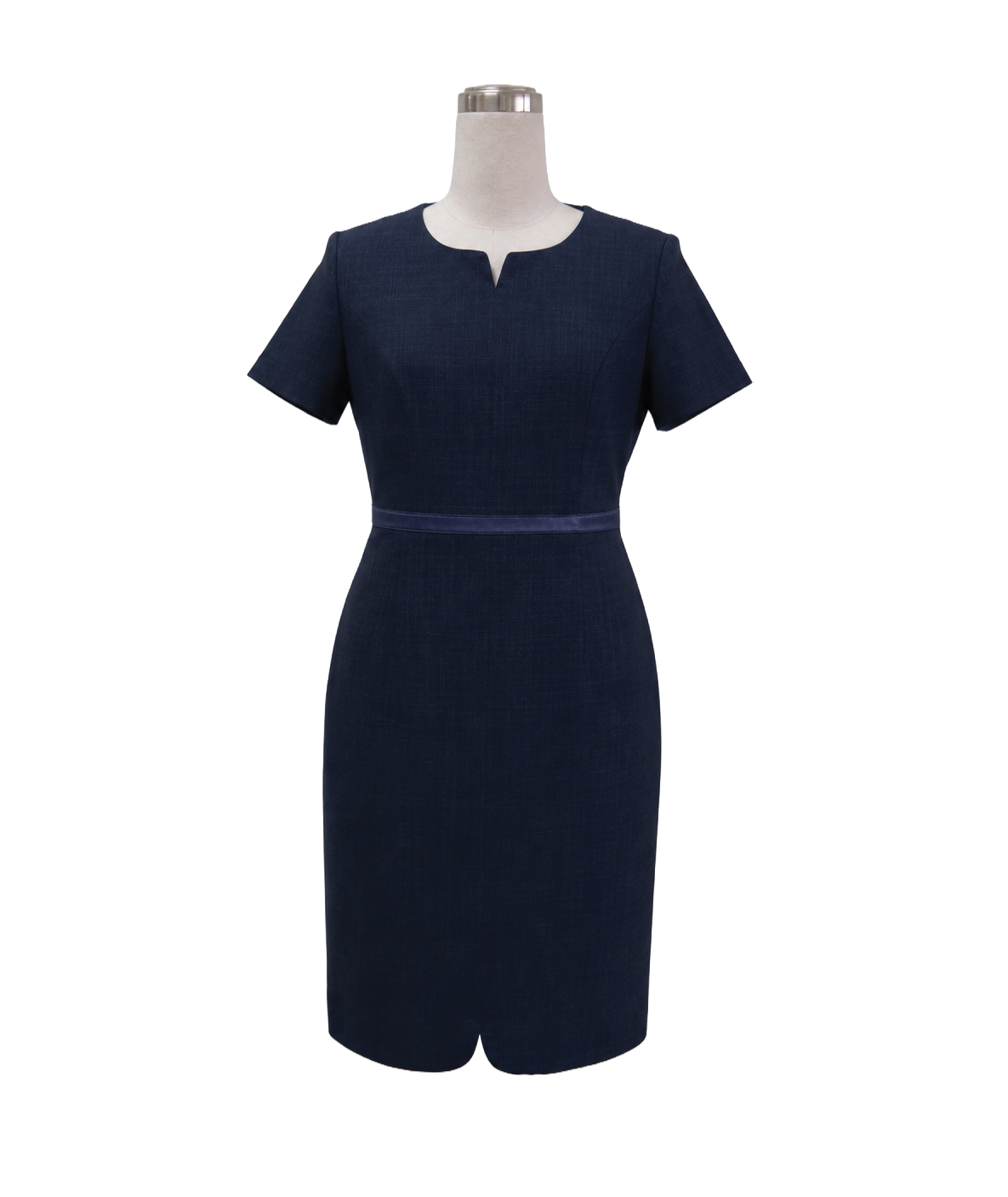 dark-navy-short-sleeve-notched-neckline-sheath-dress.webp Dark navy short-sleeve sheath corporate dress with a notched neckline and waist band for corporate wear by Modoleen Singapore