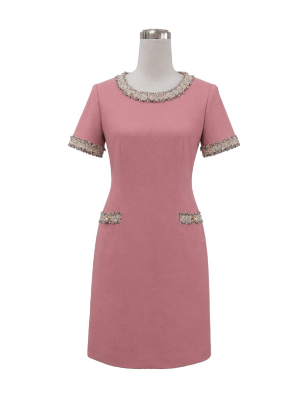 Dusty pink short-sleeve corporate dress with multi-color tweed trim accents for executive attire by Modoleen Singapore