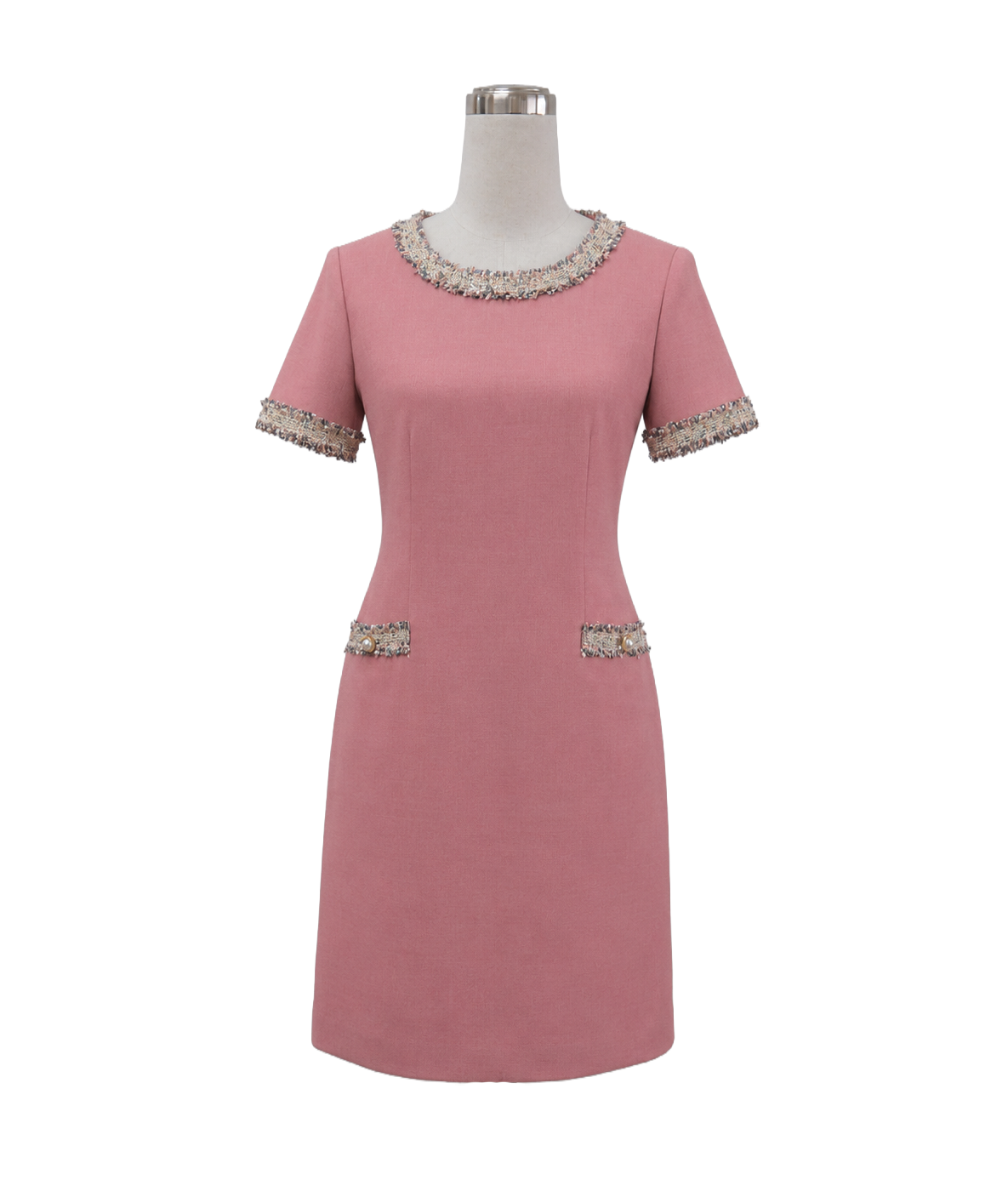 dusty-pink-short-sleeve-tweed-trim-corporate-dress.webp Dusty pink short-sleeve corporate dress with multi-color tweed trim accents for executive attire by Modoleen Singapore