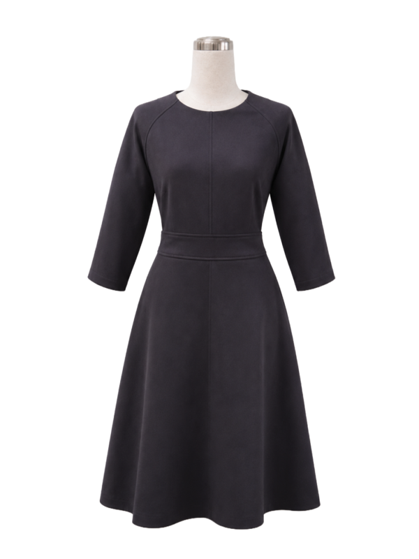 Tailored grey 3/4 sleeve corporate dress with a fitted waist panel for corporate wear by Modoleen Singapore