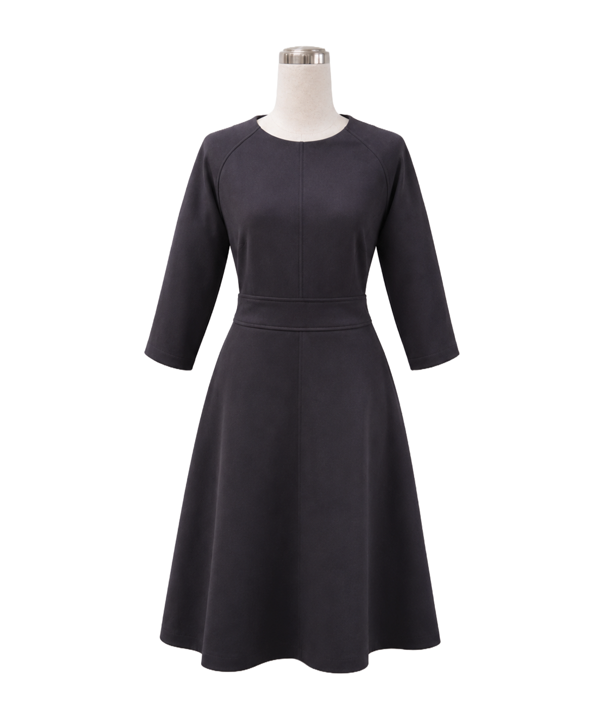 grey-3-4-sleeve-fitted-waist-corporate-dress.webp Tailored grey 3/4 sleeve corporate dress with a fitted waist panel for corporate wear by Modoleen Singapore