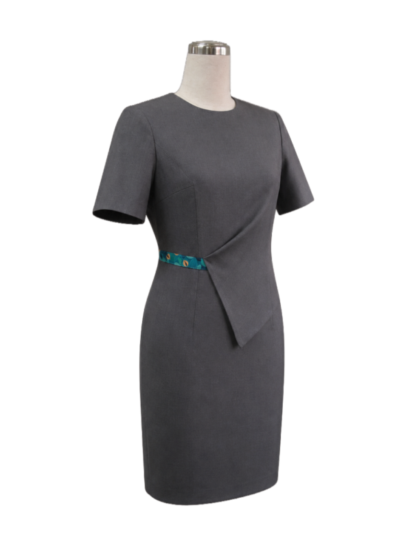 Grey short-sleeve corporate dress with an asymmetrical fold front and pattern detail for front desk wear by Modoleen Singapore