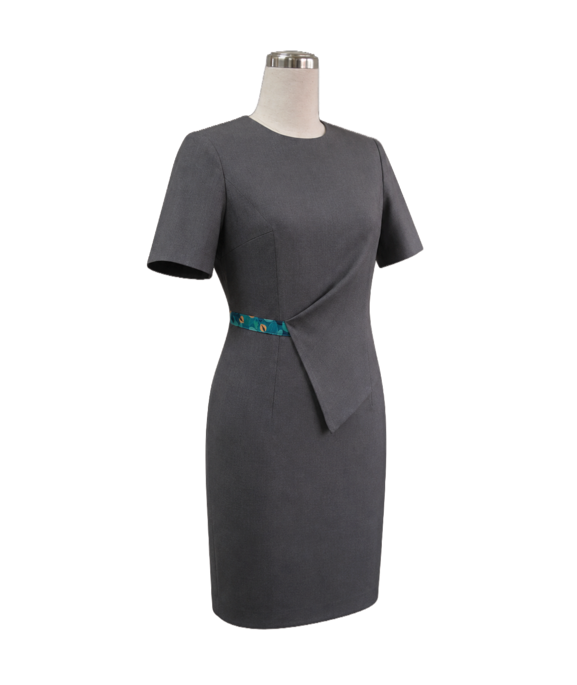grey-short-sleeve-asymmetrical-fold-dress-pattern-detail.webp Grey short-sleeve corporate dress with an asymmetrical fold front and pattern detail for front desk wear by Modoleen Singapore