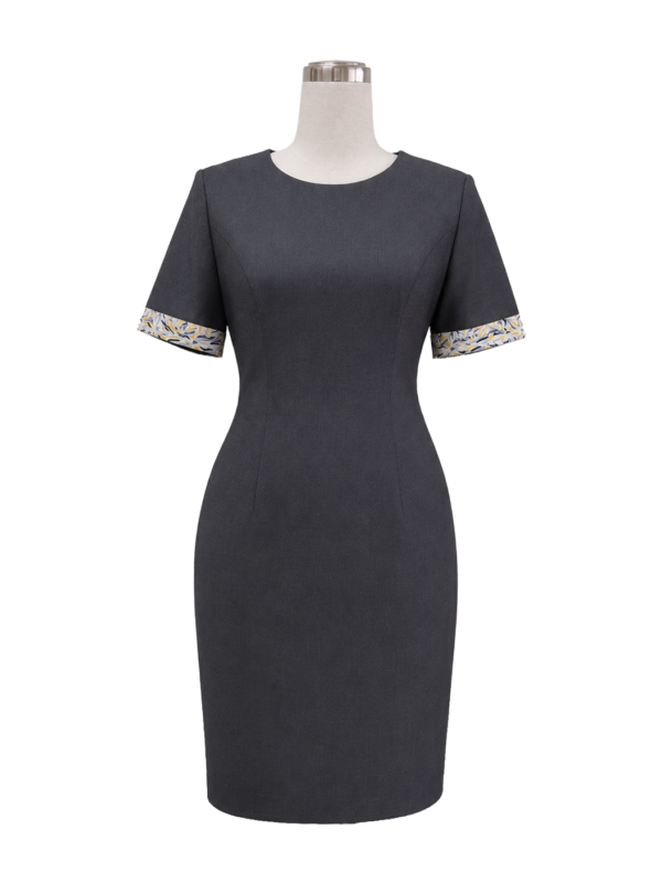 Grey short-sleeve sheath corporate dress with patterned fabric cuff accents for professional uniform sets by Modoleen Singapore