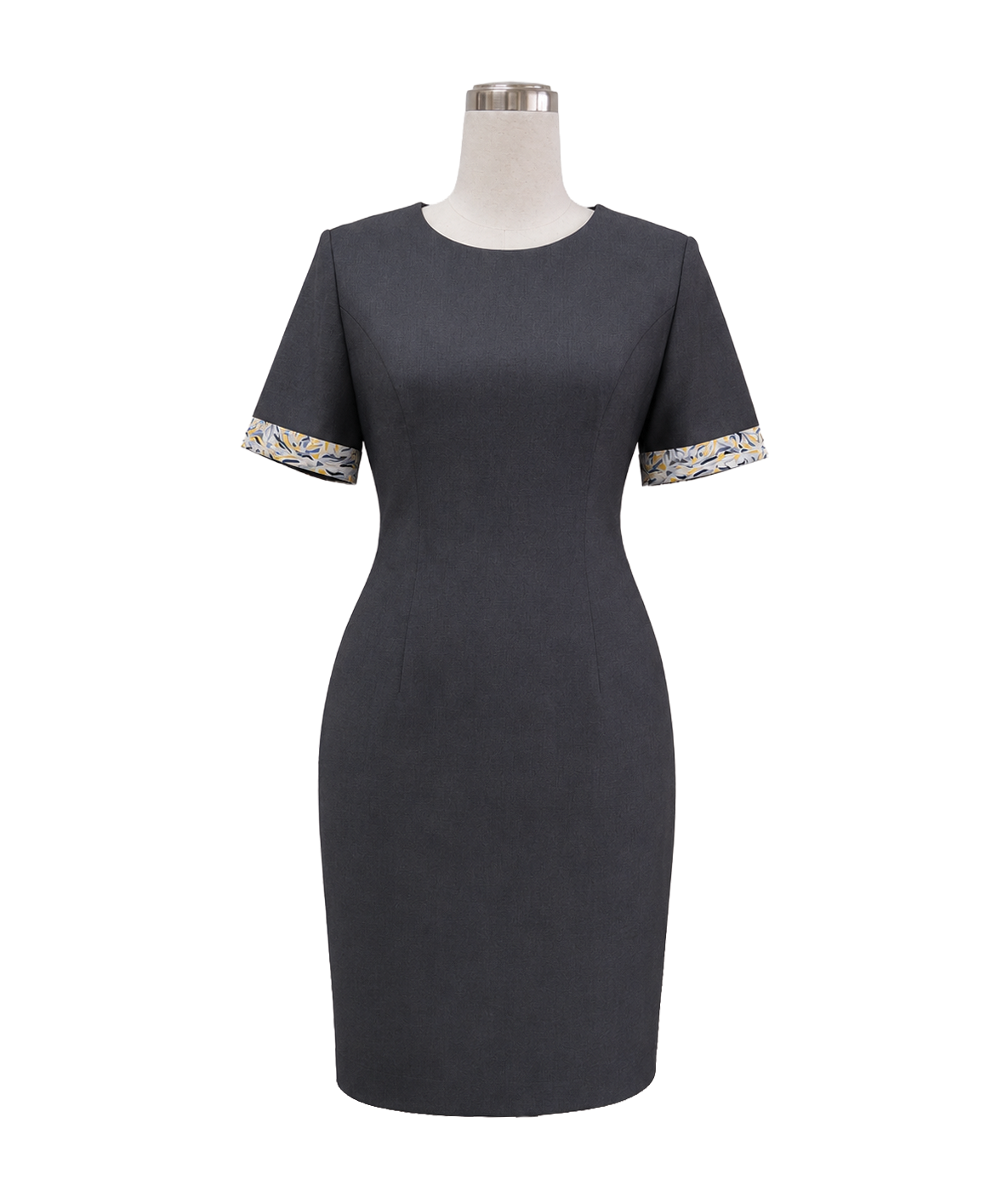grey-short-sleeve-sheath-dress-patterned-cuffs.webp Grey short-sleeve sheath corporate dress with patterned fabric cuff accents for professional uniform sets by Modoleen Singapore