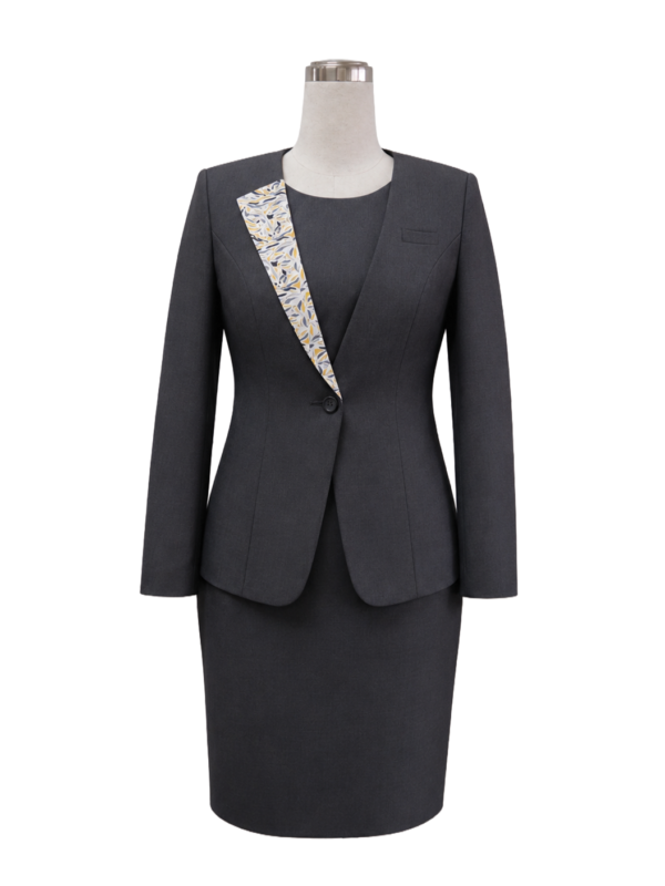 Grey single-button corporate blazer with a patterned lapel trim for executive uniform collections by Modoleen Singapore