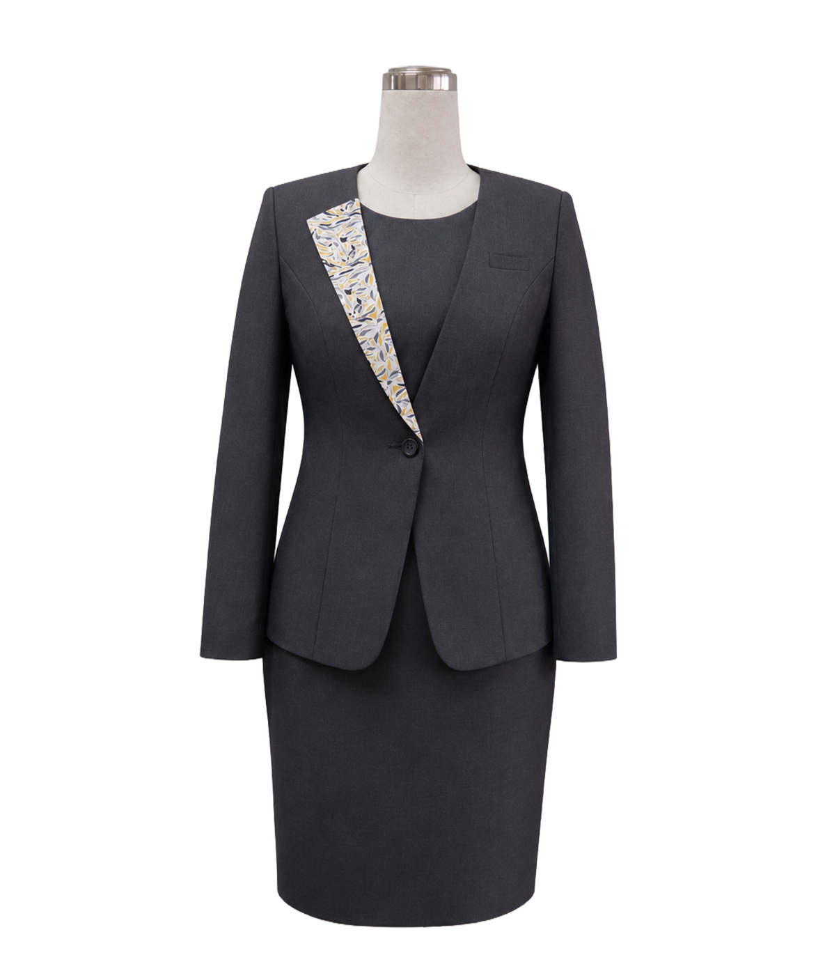 grey-single-button-blazer-patterned-lapel-trim.webp Grey single-button corporate blazer with a patterned lapel trim for executive uniform collections by Modoleen Singapore