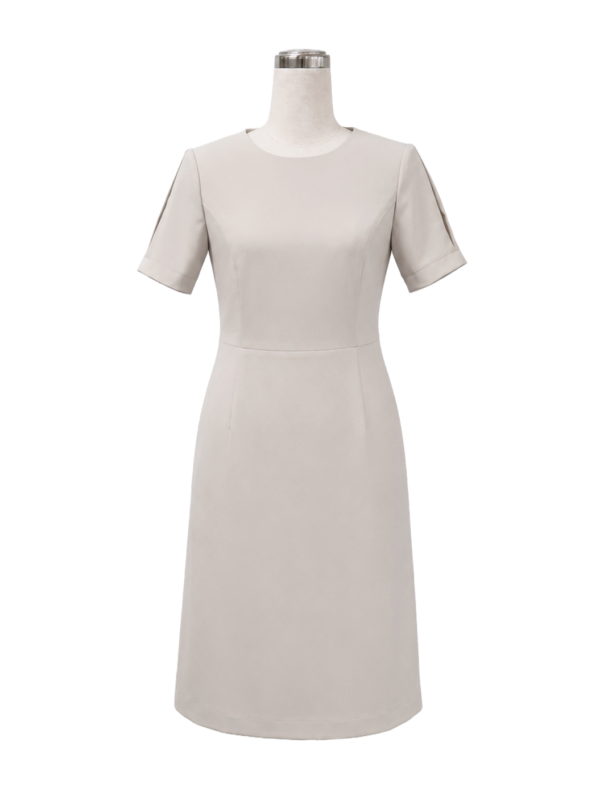 Beige 3/4 sleeve A-line corporate dress with a structured waistband for hotel reception wear by Modoleen Singapore