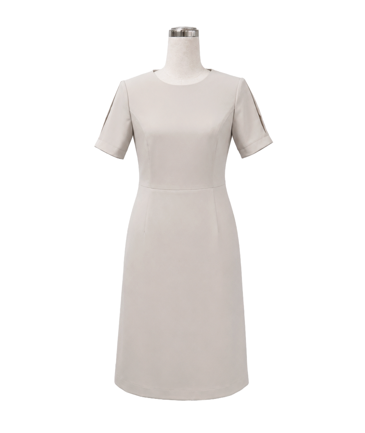 light-grey-short-sleeve-sheath-dress-slit-cuffs.webp Beige 3/4 sleeve A-line corporate dress with a structured waistband for hotel reception wear by Modoleen Singapore