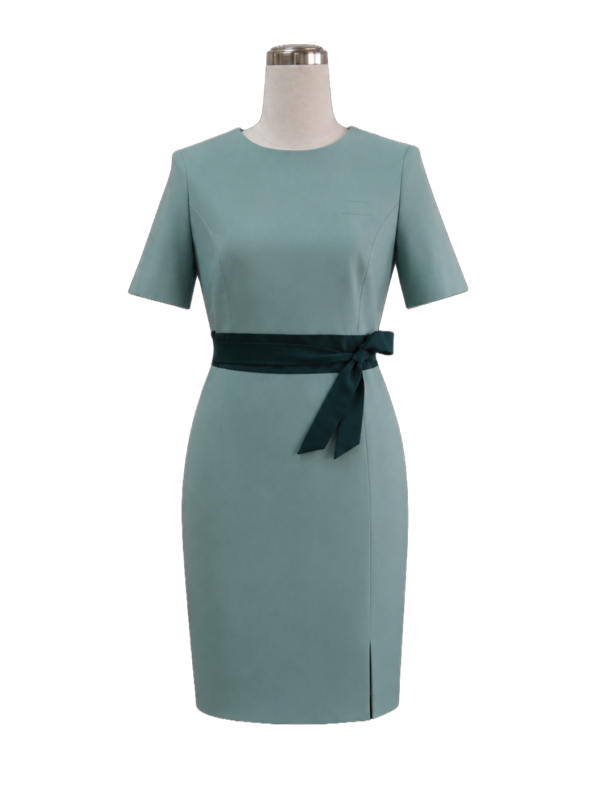 Mint green short-sleeve sheath corporate dress with a dark teal waist sash for front desk attire by Modoleen Singapore