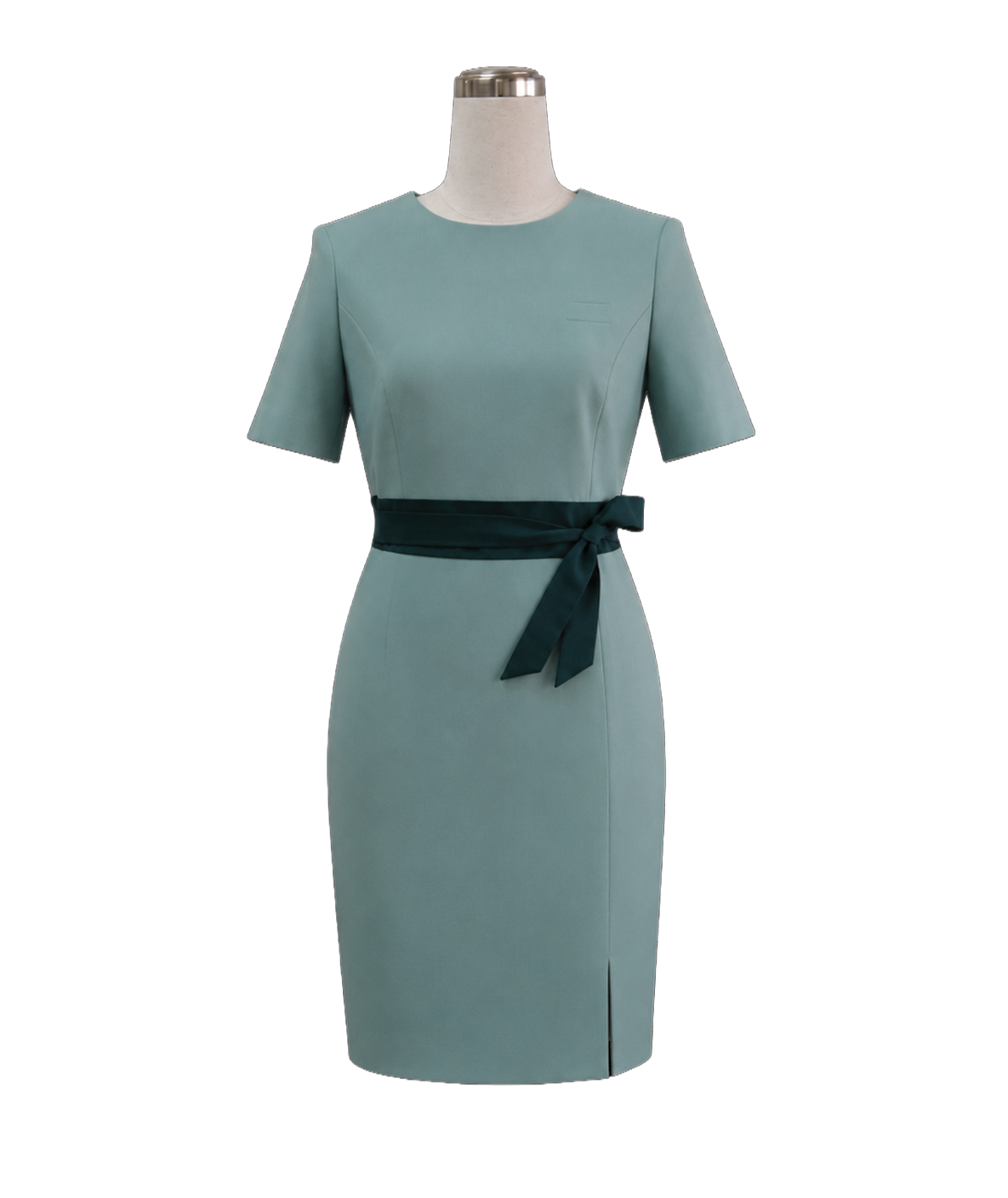 mint-green-short-sleeve-teal-sash-sheath-dress.webp Mint green short-sleeve sheath corporate dress with a dark teal waist sash for front desk attire by Modoleen Singapore