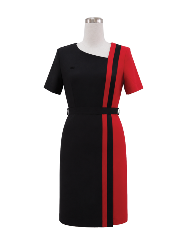 Color-blocked black and red short-sleeve corporate dress with vertical stripe panels for company attire by Modoleen Singapore