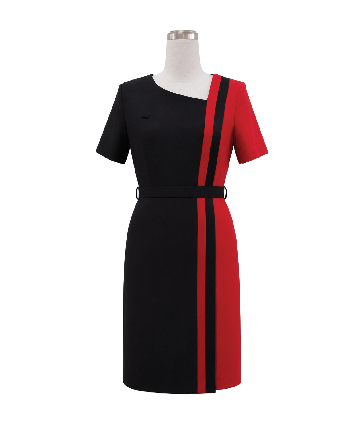 modoleen-black-red-colorblock-corporate-dress-singapore.webp Color-blocked black and red short-sleeve corporate dress with vertical stripe panels for company attire by Modoleen Singapore