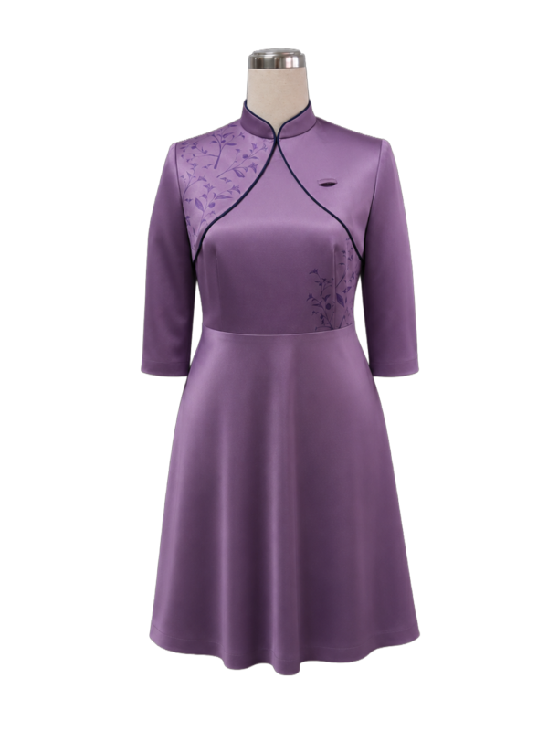 Purple 3/4 sleeve corporate uniform dress with mandarin collar and floral embroidery for corporate and hospitality wear by Modoleen Singapore
