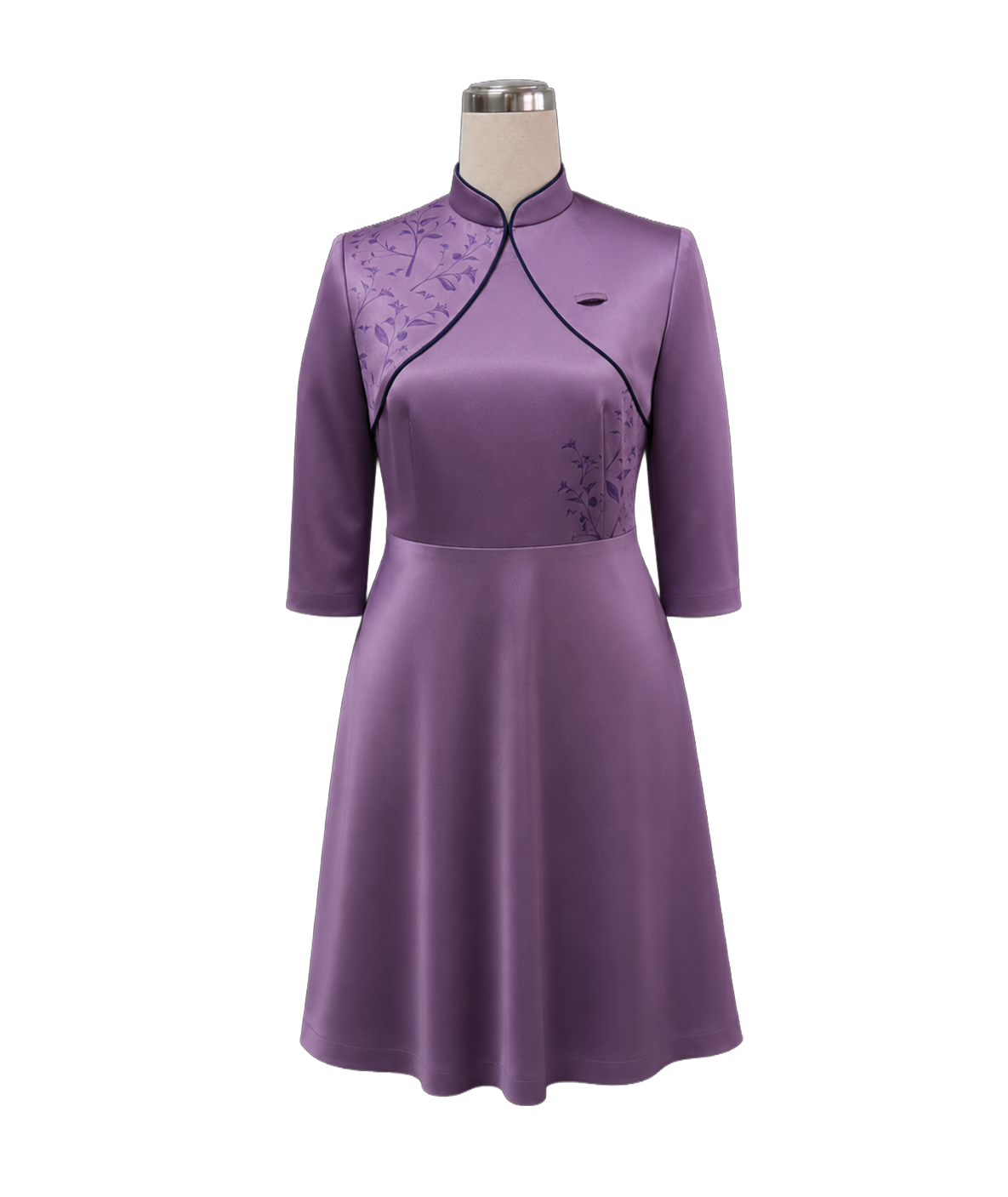 modoleen-purple-cheongsam-floral-embroidered-corporate-dress-singapore (1) Purple 3/4 sleeve corporate uniform dress with mandarin collar and floral embroidery for corporate and hospitality wear by Modoleen Singapore