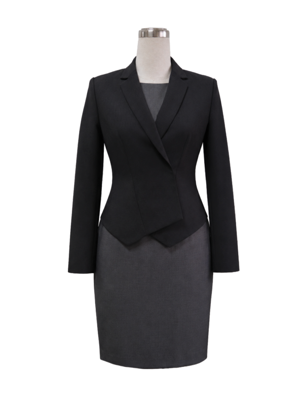Two-tone grey executive corporate blazer and sheath dress uniform set for corporate office wear by Modoleen Singapore