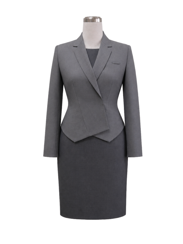 Two-tone grey executive corporate blazer and sheath dress uniform set for corporate office wear by Modoleen Singapore
