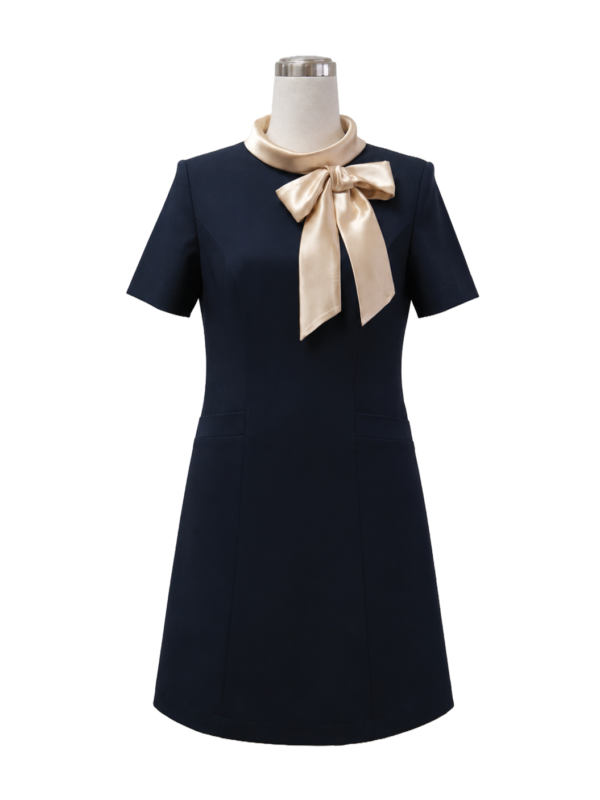 Navy blue short-sleeve corporate uniform dress featuring a champagne neck bow for hospitality staff by Modoleen Singapore