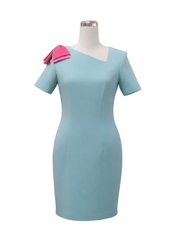 Sky blue short-sleeve corporate dress with an asymmetric neckline and pink shoulder bow by Modoleen Singapore
