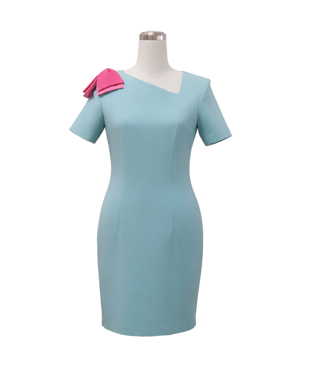 sky-blue-short-sleeve-dress-pink-shoulder-bow.webp Sky blue short-sleeve corporate dress with an asymmetric neckline and pink shoulder bow by Modoleen Singapore