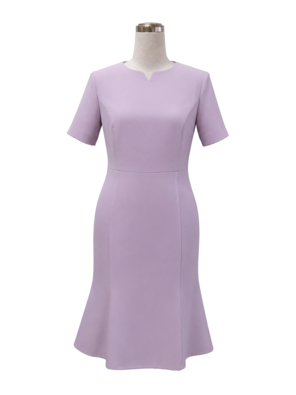 Soft lilac short-sleeve corporate dress with a notched neckline and flared mermaid skirt by Modoleen Singapore