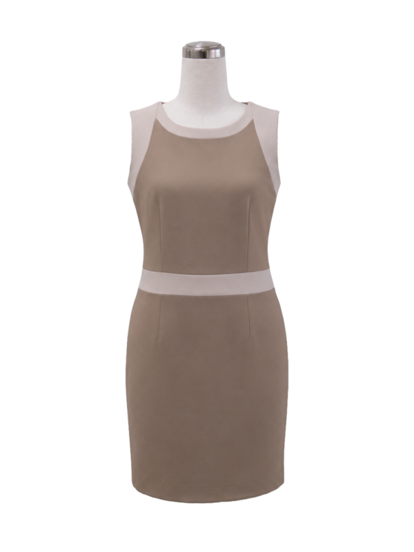 Two-tone taupe and beige sleeveless sheath corporate dress for modern office attire by Modoleen Singapore