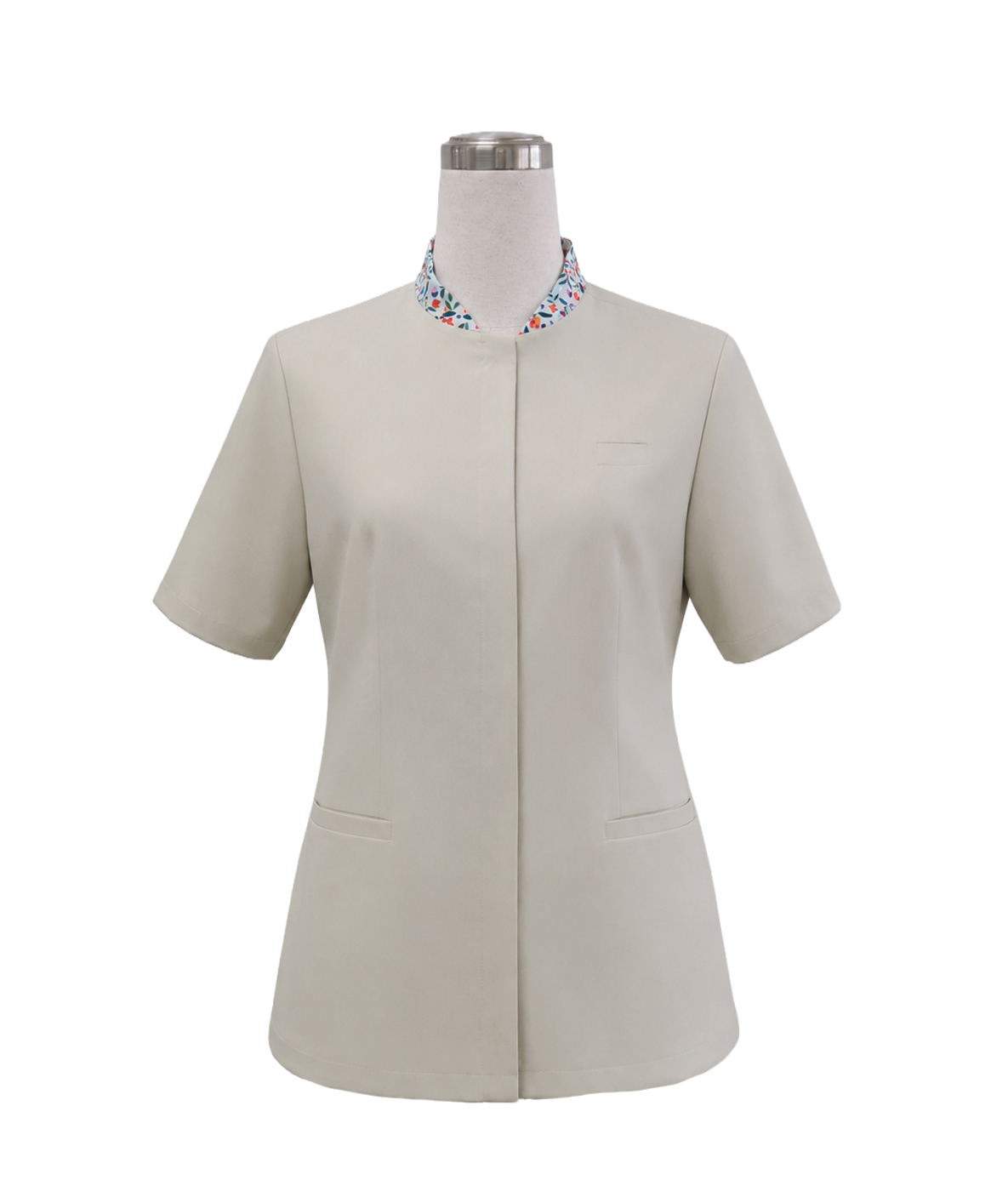 green shirt hidden button Women's short-sleeve corporate tunic top in neutral beige featuring a standing mandarin collar with a colorful floral inner trim and concealed button placket, designed by Modoleen Singapore for receptionist, clinic, and spa uniform programs.