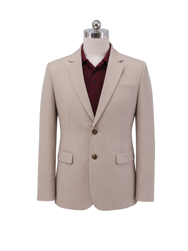 Men's classic two-button corporate suit blazer in light tan beige featuring tailored notch lapels and waist flap pockets, styled over a deep burgundy polo shirt, designed by Modoleen Singapore for executive wear and modern corporate uniform programs.