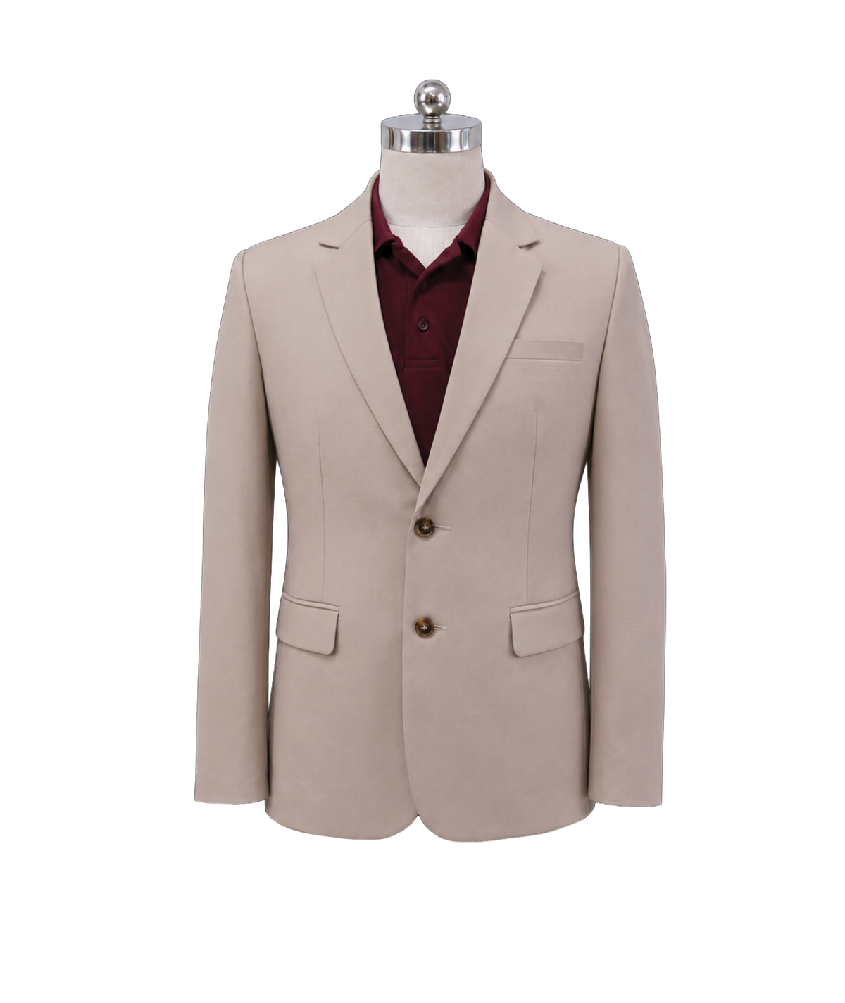 modoleen-beige-mens-two-button-blazer.jpg Men's classic two-button corporate suit blazer in light tan beige featuring tailored notch lapels and waist flap pockets, styled over a deep burgundy polo shirt, designed by Modoleen Singapore for executive wear and modern corporate uniform programs.