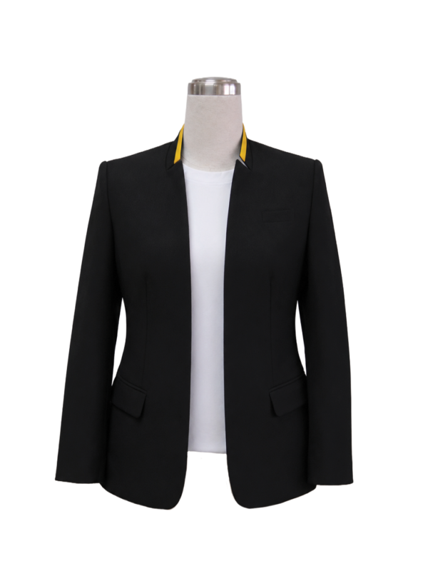 Women's tailored collarless corporate blazer in solid black featuring a vibrant yellow accent collar band, side flap pockets, and single chest welt pocket, styled over a white inner top, designed by Modoleen Singapore for office wear and hospitality uniform programs.