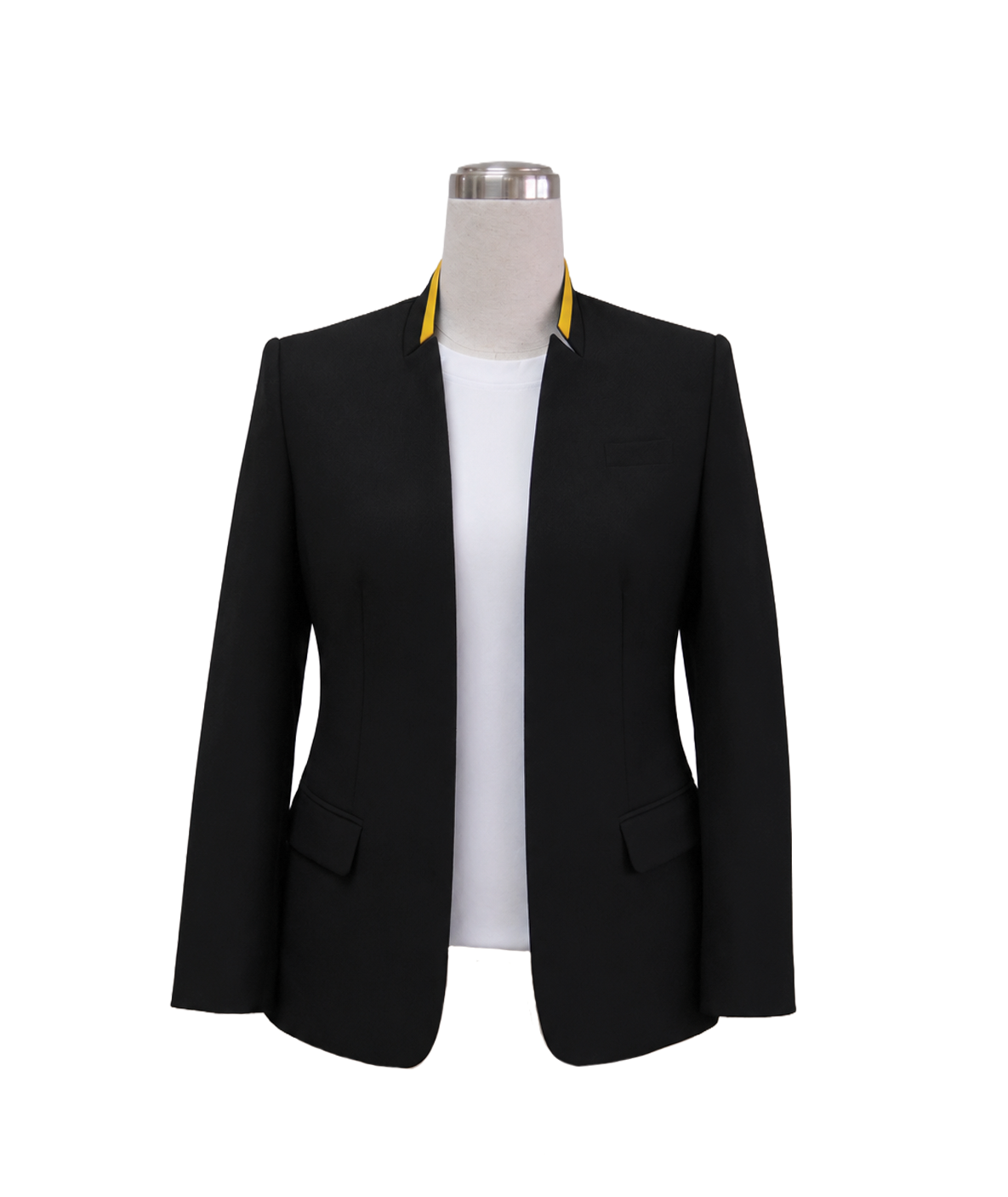 modoleen-black-collarless-jacket-yellow-trim.jpg Women's tailored collarless corporate blazer in solid black featuring a vibrant yellow accent collar band, side flap pockets, and single chest welt pocket, styled over a white inner top, designed by Modoleen Singapore for office wear and hospitality uniform programs.