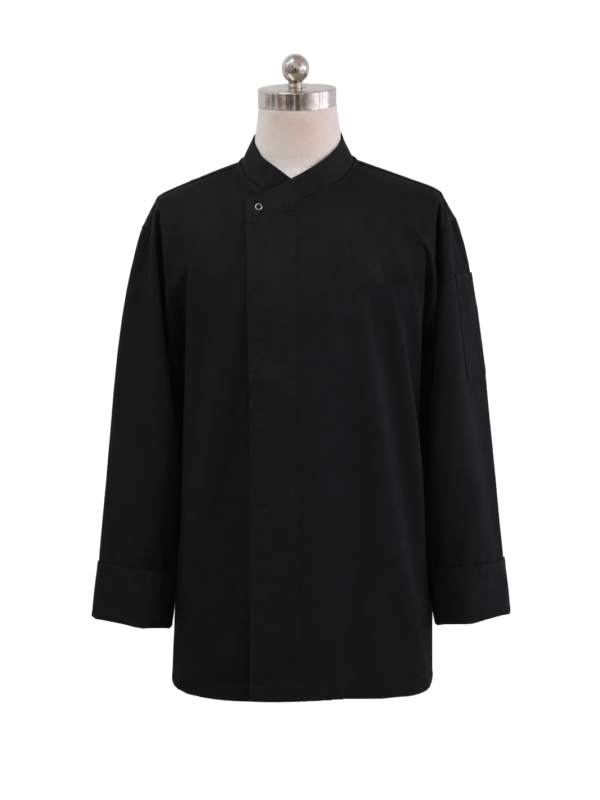 Men's professional black long-sleeve chef jacket featuring a high standing collar with top snap fastener, concealed front placket, sleeve pen pocket, and wide folded cuffs, designed by Modoleen Singapore for fine dining and luxury culinary uniform programs.