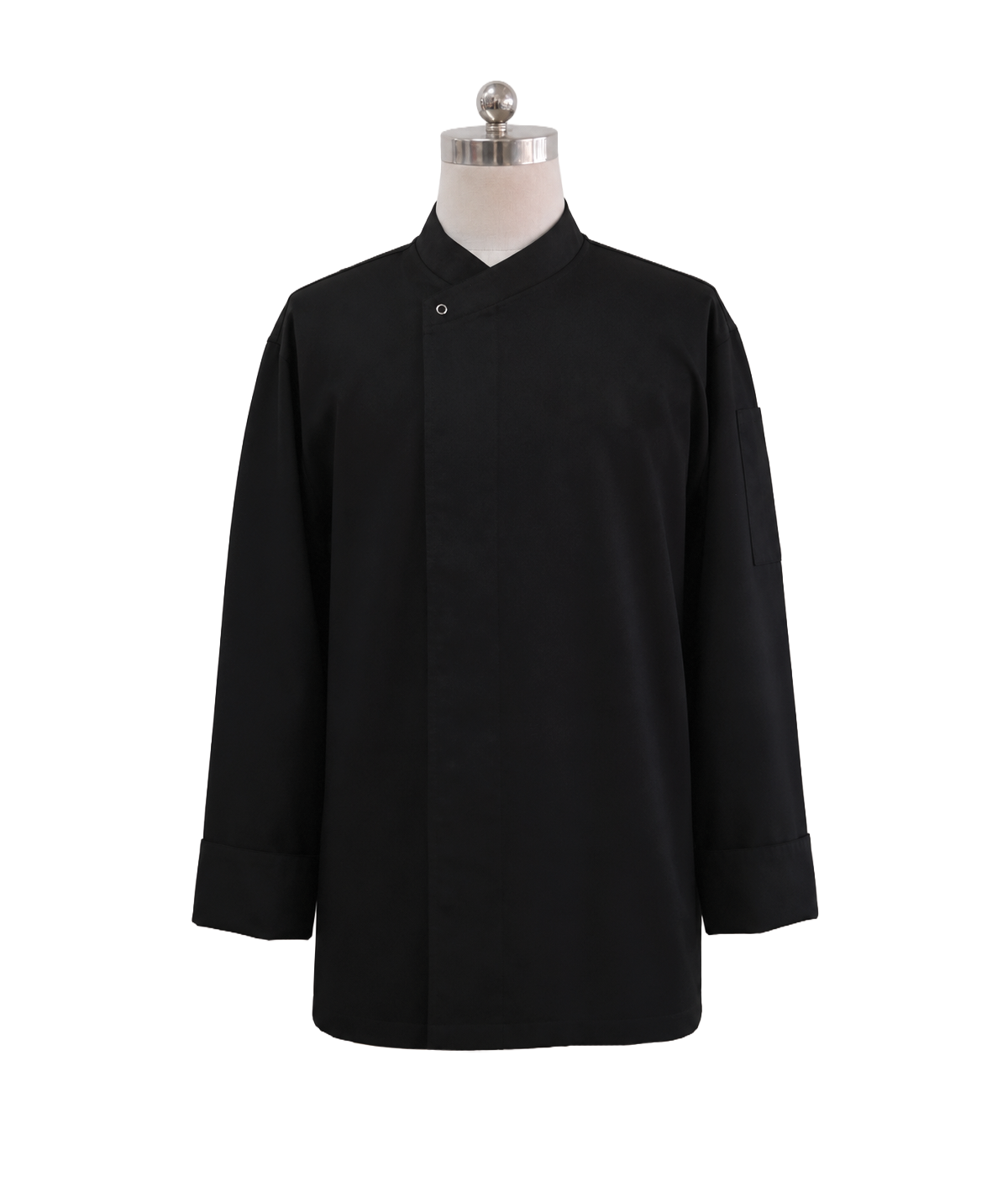 modoleen-black-executive-chef-jacket-snap-buttons.jpg Men's professional black long-sleeve chef jacket featuring a high standing collar with top snap fastener, concealed front placket, sleeve pen pocket, and wide folded cuffs, designed by Modoleen Singapore for fine dining and luxury culinary uniform programs.