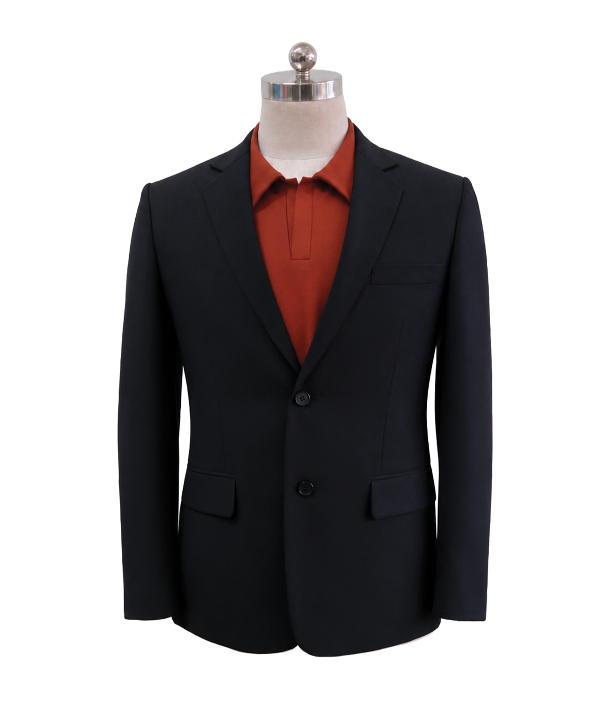 modoleen-black-mens-blazer-burnt-orange-shirt.jpg Men's classic two-button corporate suit blazer in dark charcoal black featuring tailored notch lapels and waist flap pockets, styled over a burnt orange inner polo shirt, designed by Modoleen Singapore for contemporary office wear programs.