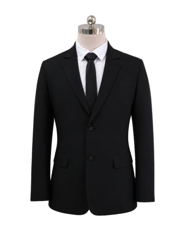 Men's classic two-button corporate suit jacket in solid black featuring tailored notch lapels, flap waist pockets, and a matching black silk necktie, designed by Modoleen Singapore for enterprise executive and hospitality uniform programs.