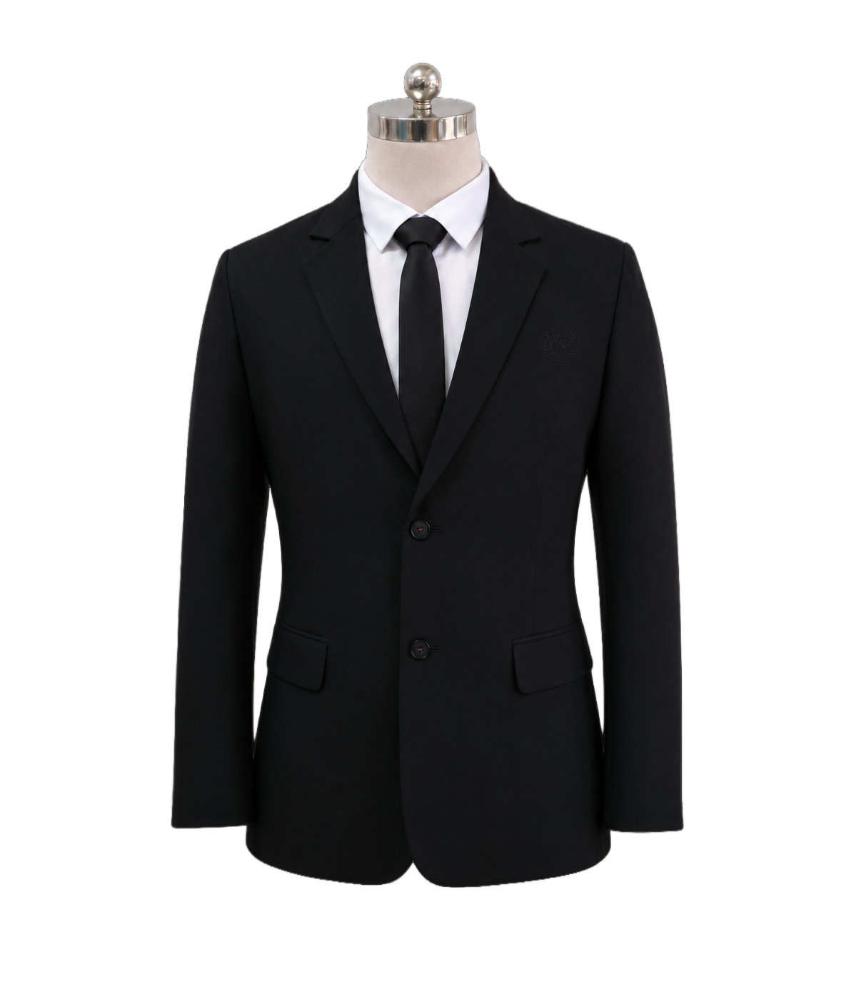 modoleen-black-mens-executive-suit-matching-tie.jpg Men's classic two-button corporate suit jacket in solid black featuring tailored notch lapels, flap waist pockets, and a matching black silk necktie, designed by Modoleen Singapore for enterprise executive and hospitality uniform programs.