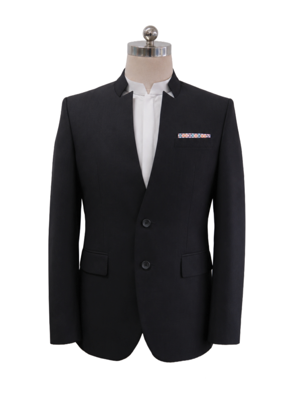 Men's solid black standing collar corporate suit jacket featuring a clean split V-neckline, two-button closure, side flap pockets, and a colorful geometric pocket square accent, designed by Modoleen Singapore for corporate leadership and hospitality uniform programs.