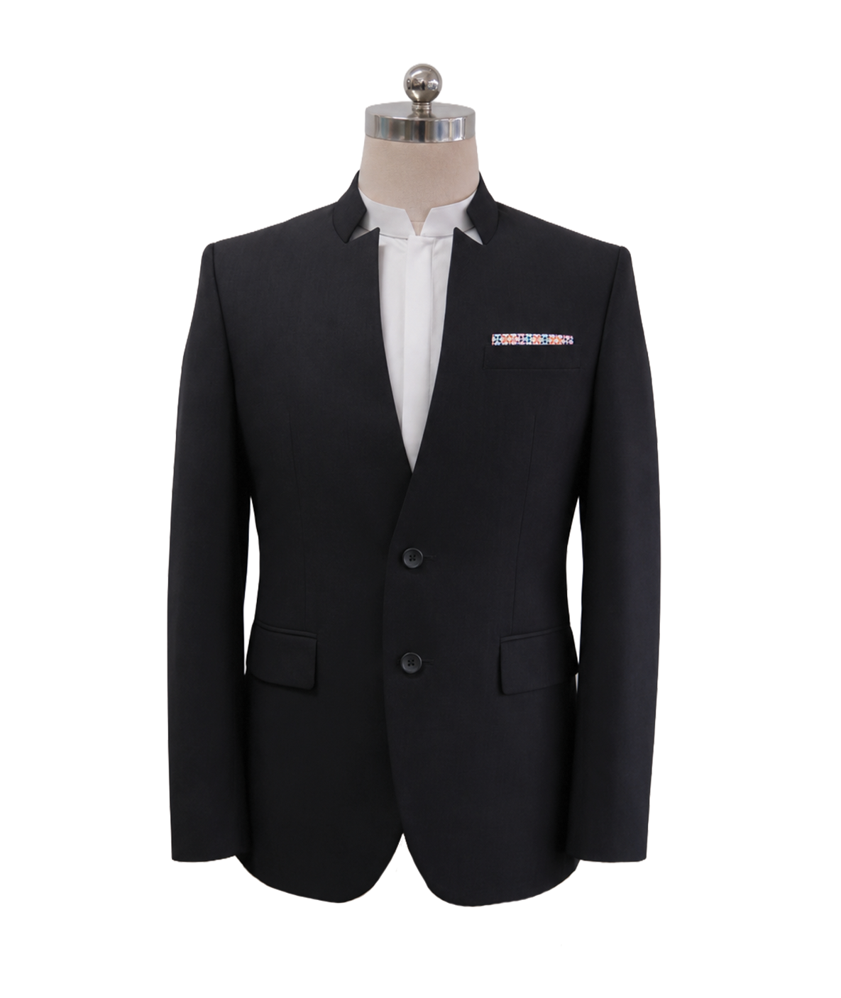 modoleen-black-mens-standing-collar-batik-accent.jpg Men's solid black standing collar corporate suit jacket featuring a clean split V-neckline, two-button closure, side flap pockets, and a colorful geometric pocket square accent, designed by Modoleen Singapore for corporate leadership and hospitality uniform programs.