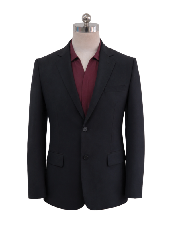 Men's classic two-button corporate suit blazer in solid black featuring tailored notch lapels and waist flap pockets, styled over a deep burgundy polo shirt, designed by Modoleen Singapore for executive wear and modern corporate uniform programs.