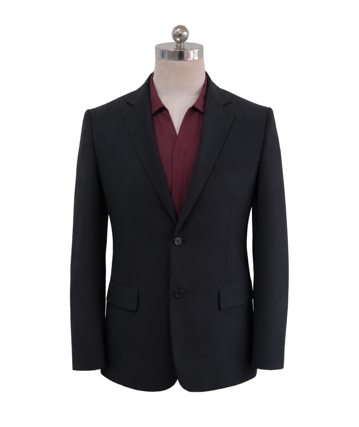 modoleen-black-mens-suit-maroon-shirt.jpg Men's classic two-button corporate suit blazer in solid black featuring tailored notch lapels and waist flap pockets, styled over a deep burgundy polo shirt, designed by Modoleen Singapore for executive wear and modern corporate uniform programs.